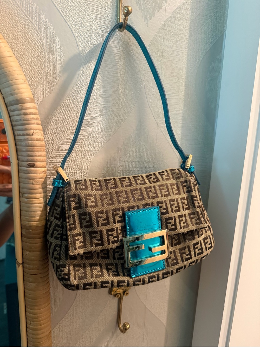 Fendi Brown FF Logo Shoulder Bag with Turquoise Trim